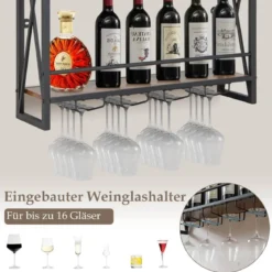 3 Ebenen Wand-Weinregal aus Metall mit Glashalter Industrial Design Rustikales Braun
