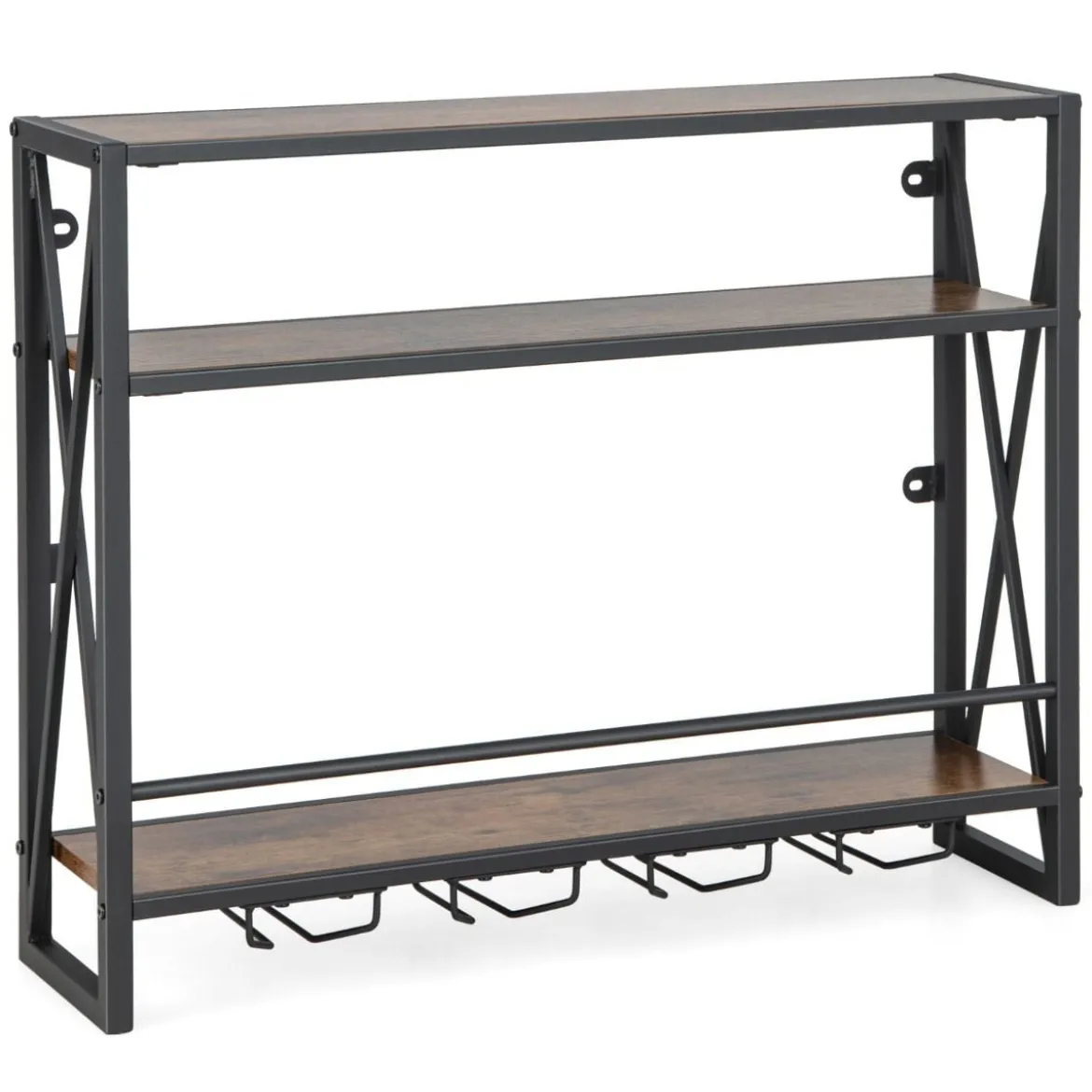 3 Ebenen Wand-Weinregal aus Metall mit Glashalter Industrial Design Rustikales Braun