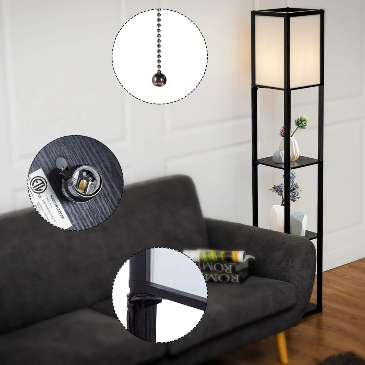 3-Ebene Standleuchte Regal Moderne Stehlampe Bodenlampe 26 x 26 x 160 cm Schwarz