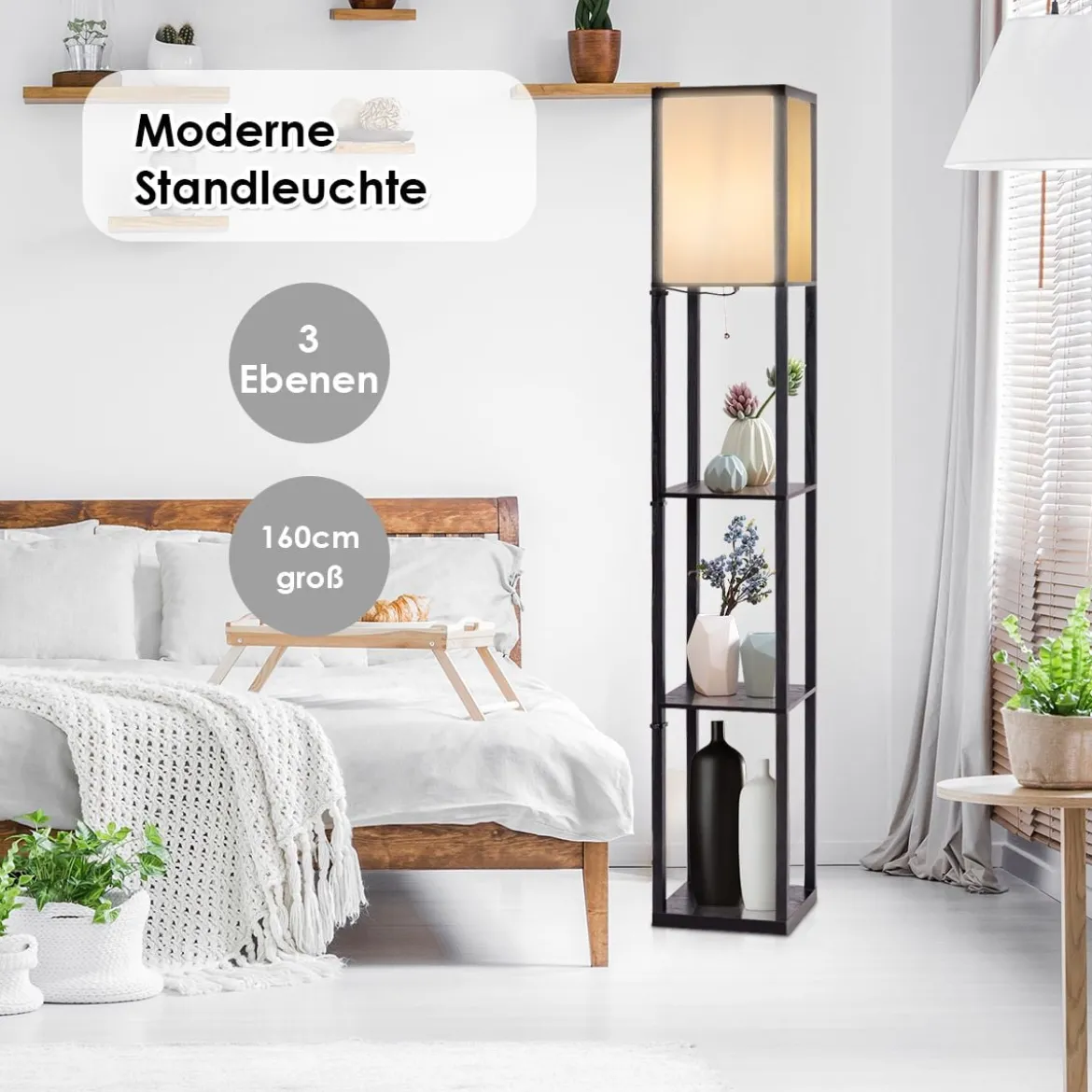 3-Ebene Standleuchte Regal Moderne Stehlampe Bodenlampe 26 x 26 x 160 cm Schwarz