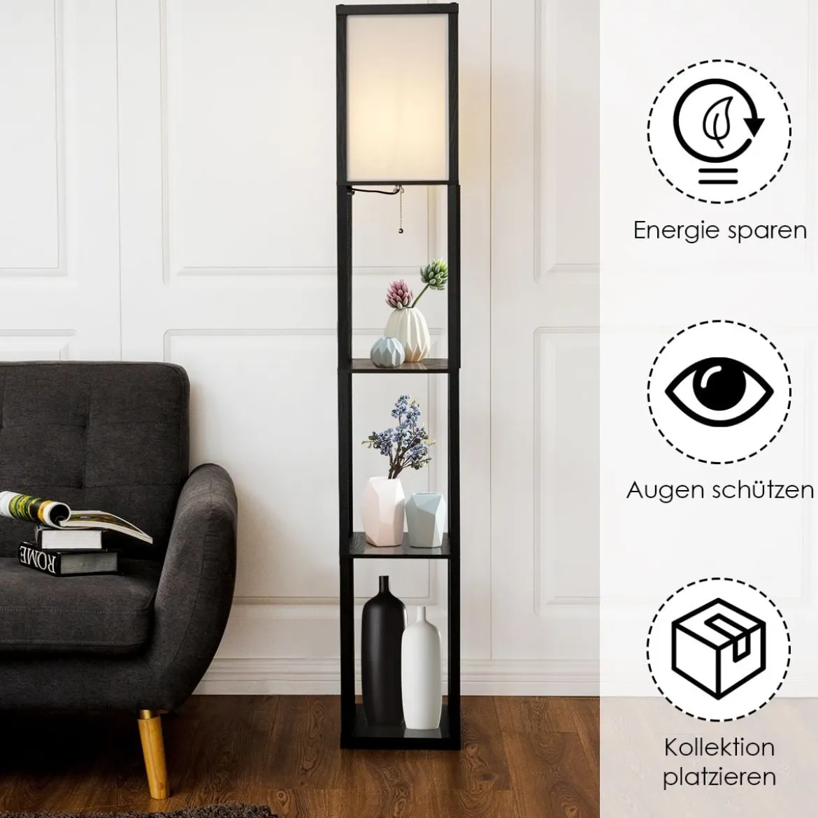 3-Ebene Standleuchte Regal Moderne Stehlampe Bodenlampe 26 x 26 x 160 cm Schwarz