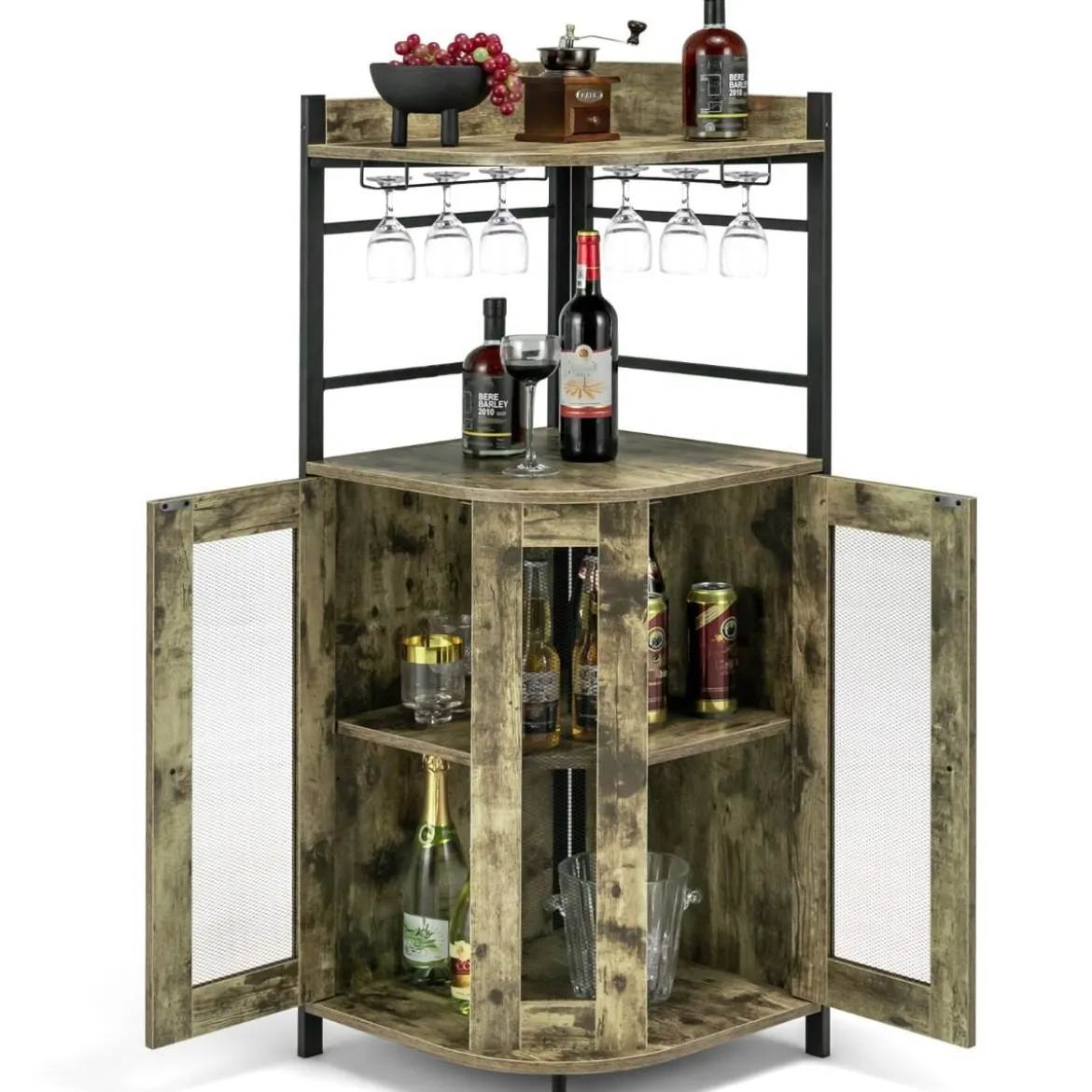 Eck-Barschrank mit Glashalter & Metallgittertüren & Verstellbarem Regal Weinschrank Barschrank
