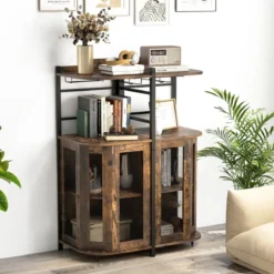 Eck-Barschrank mit Glashalter & Metallgittertüren & Verstellbarem Regal Weinschrank Barschrank