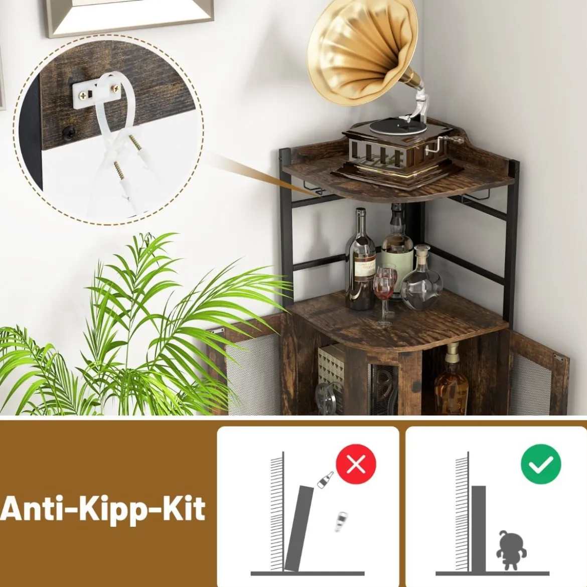 Eck-Barschrank mit Glashalter & Metallgittertüren & Verstellbarem Regal Weinschrank Barschrank