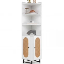 Eck-Bücherregal aus PE-Rattan 172 cm Hochschrank mit 2 Türen & 4 Offenen Regalen Weiß