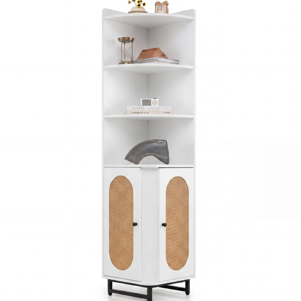 Eck-Bücherregal aus PE-Rattan 172 cm Hochschrank mit 2 Türen & 4 Offenen Regalen Weiß
