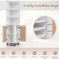 Eck-Bücherregal aus PE-Rattan 172 cm Hochschrank mit 2 Türen & 4 Offenen Regalen Weiß