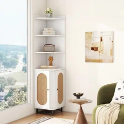 Eck-Bücherregal aus PE-Rattan 172 cm Hochschrank mit 2 Türen & 4 Offenen Regalen Weiß