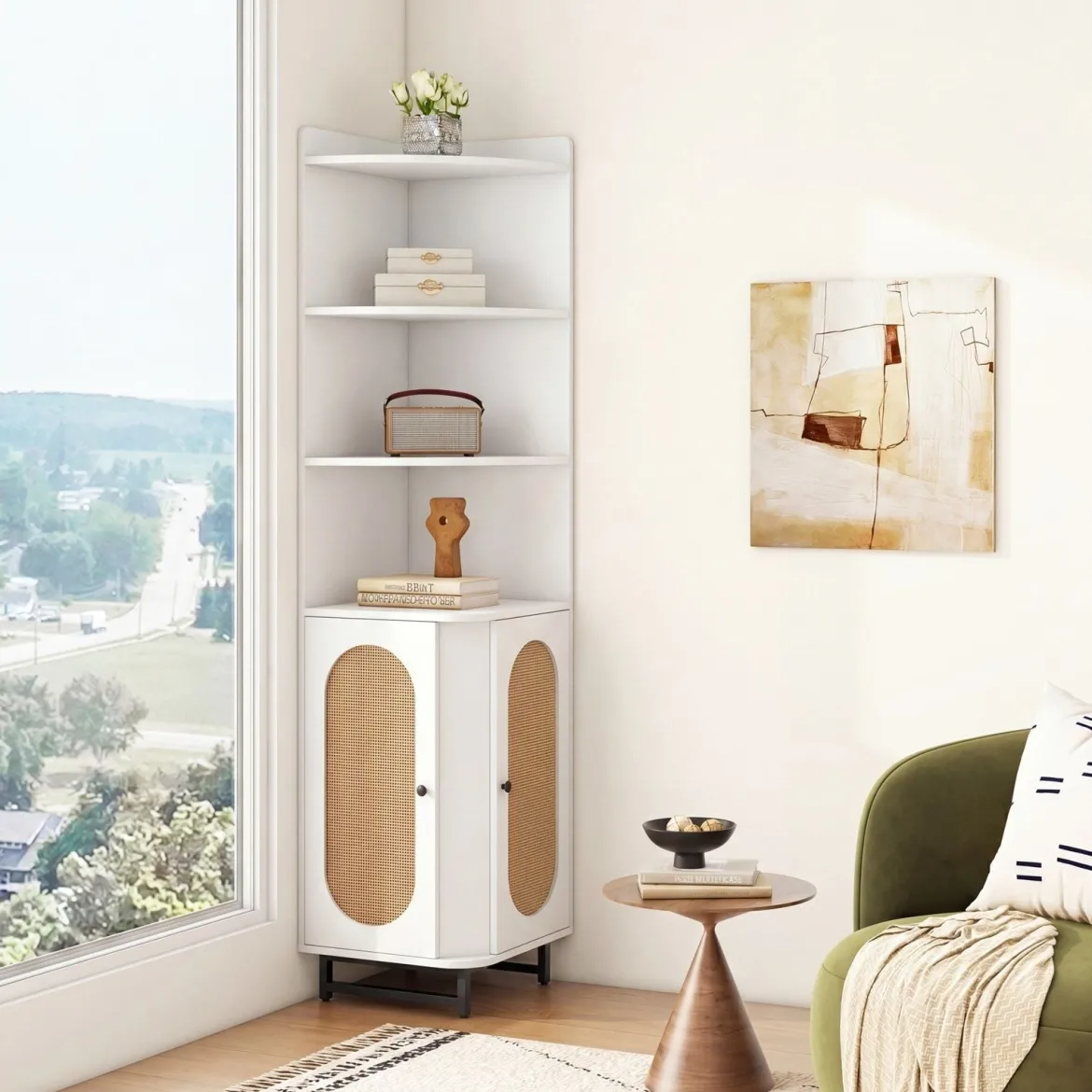 Eck-Bücherregal aus PE-Rattan 172 cm Hochschrank mit 2 Türen & 4 Offenen Regalen Weiß