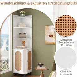 Eck-Bücherregal aus PE-Rattan 172 cm Hochschrank mit 2 Türen & 4 Offenen Regalen Weiß