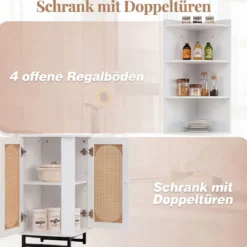 Eck-Bücherregal aus PE-Rattan 172 cm Hochschrank mit 2 Türen & 4 Offenen Regalen Weiß
