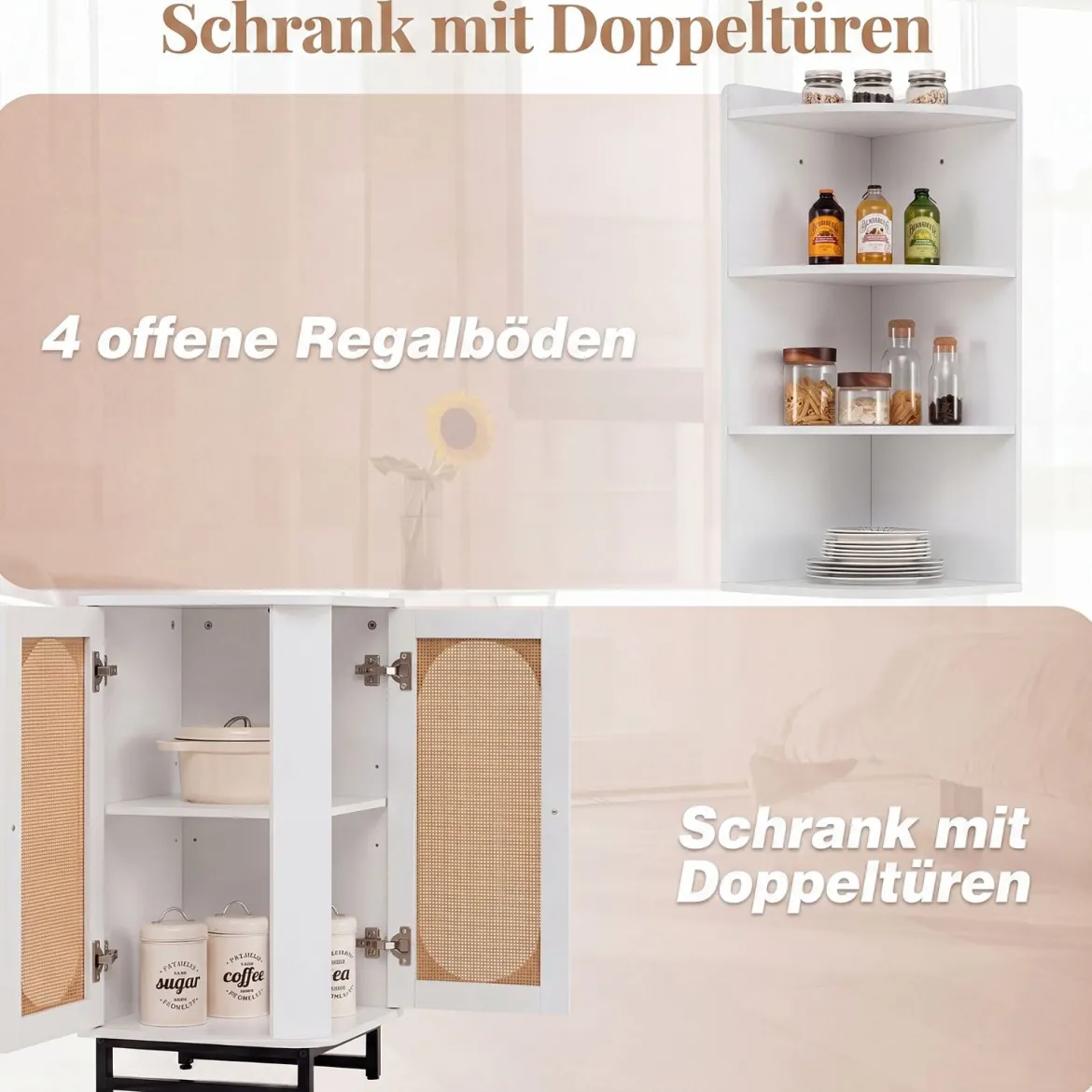 Eck-Bücherregal aus PE-Rattan 172 cm Hochschrank mit 2 Türen & 4 Offenen Regalen Weiß