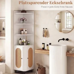 Eck-Bücherregal aus PE-Rattan 172 cm Hochschrank mit 2 Türen & 4 Offenen Regalen Weiß
