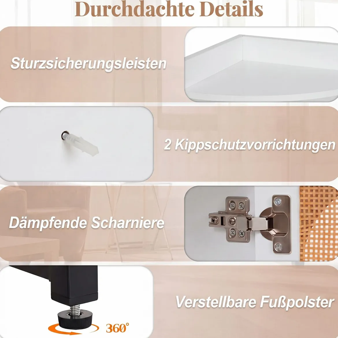 Eck-Bücherregal aus PE-Rattan 172 cm Hochschrank mit 2 Türen & 4 Offenen Regalen Weiß