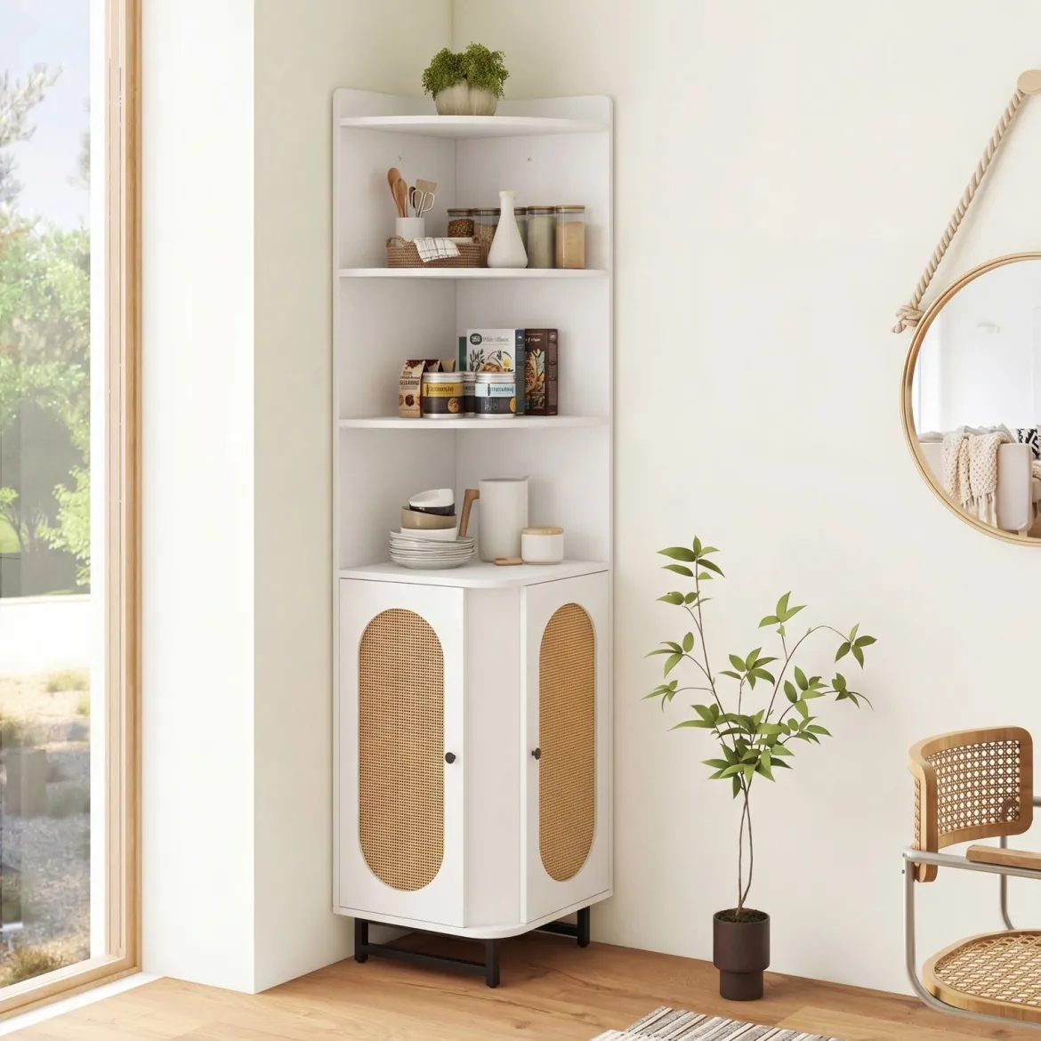 Eck-Bücherregal aus PE-Rattan 172 cm Hochschrank mit 2 Türen & 4 Offenen Regalen Weiß