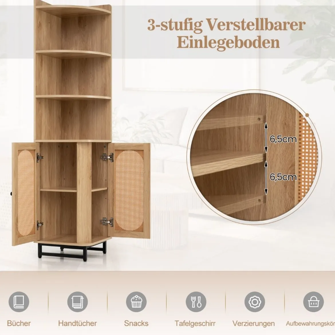 Eck-Bücherregal aus PE-Rattan 172 cm Hochschrank mit 2 Türen & 4 offenen Regalen Natur