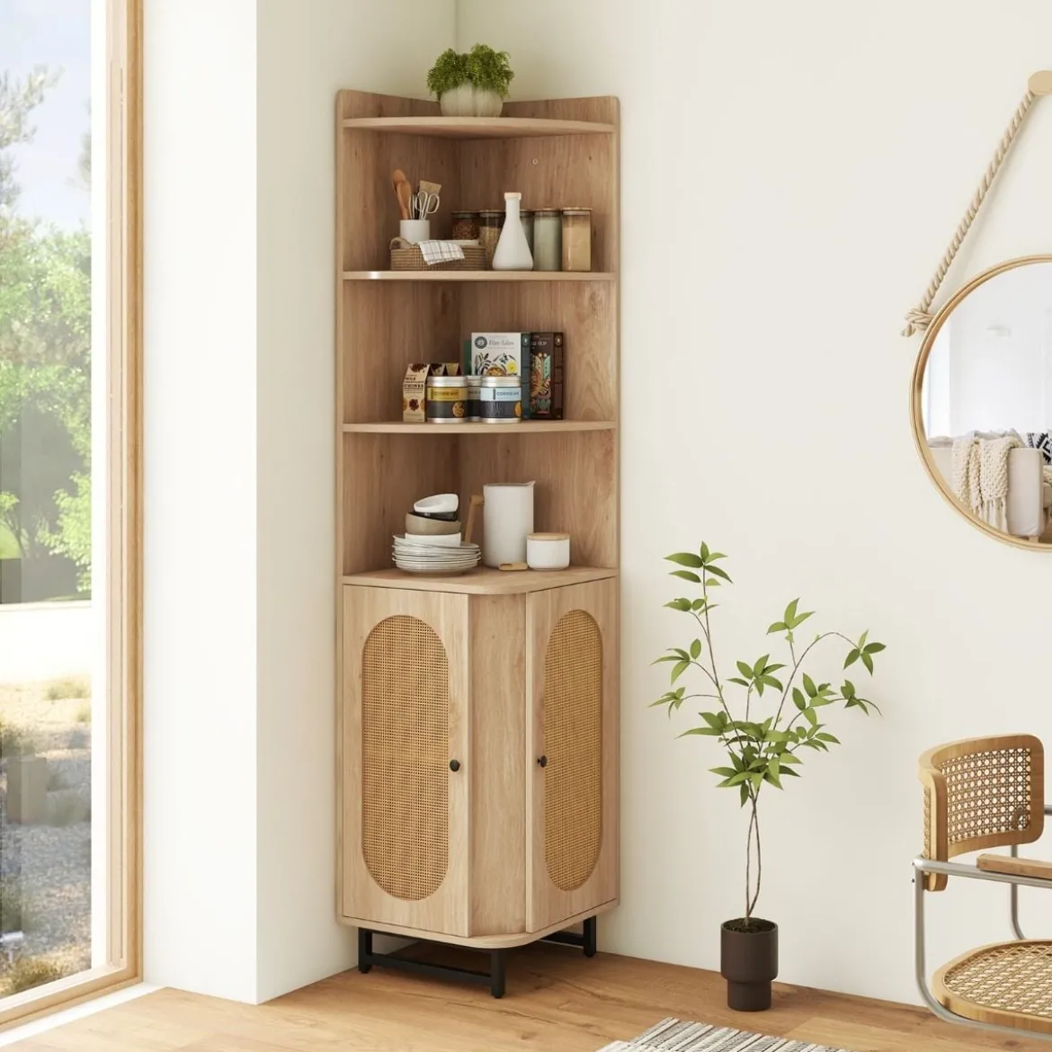 Eck-Bücherregal aus PE-Rattan 172 cm Hochschrank mit 2 Türen & 4 offenen Regalen Natur