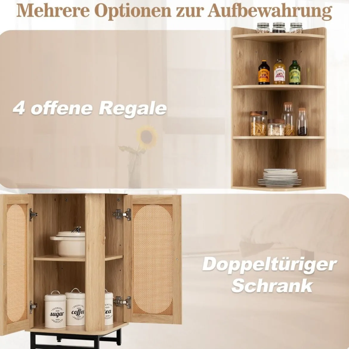 Eck-Bücherregal aus PE-Rattan 172 cm Hochschrank mit 2 Türen & 4 offenen Regalen Natur
