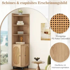 Eck-Bücherregal aus PE-Rattan 172 cm Hochschrank mit 2 Türen & 4 offenen Regalen Natur