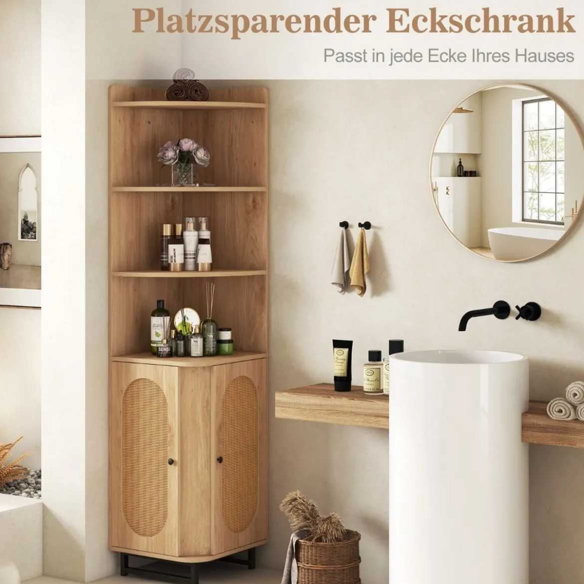 Eck-Bücherregal aus PE-Rattan 172 cm Hochschrank mit 2 Türen & 4 offenen Regalen Natur