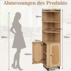 Eck-Bücherregal aus PE-Rattan 172 cm Hochschrank mit 2 Türen & 4 offenen Regalen Natur