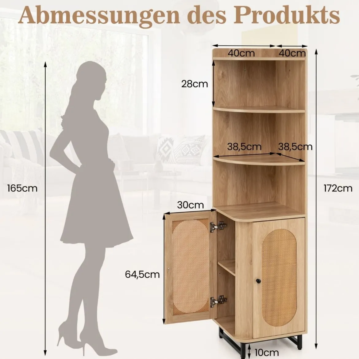 Eck-Bücherregal aus PE-Rattan 172 cm Hochschrank mit 2 Türen & 4 offenen Regalen Natur
