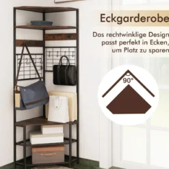 Eck Garderobenständer mit Schuhbank & 12 Metallhaken Freistehender Kleiderständer