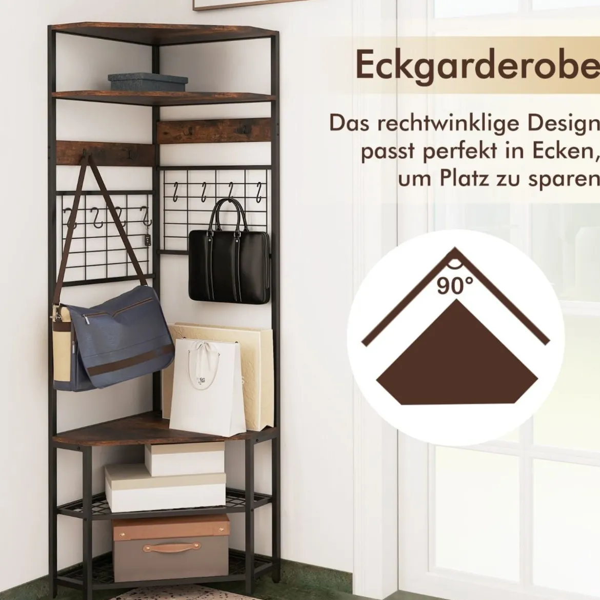 Eck Garderobenständer mit Schuhbank & 12 Metallhaken Freistehender Kleiderständer