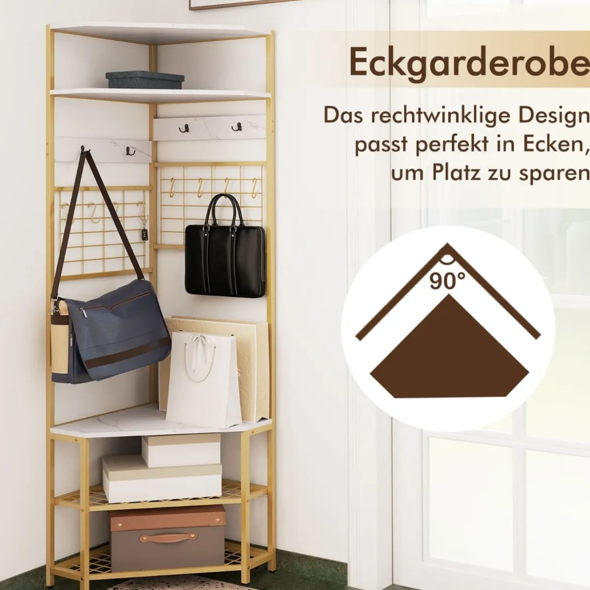 Eck Garderobenständer mit Schuhbank & 12 Metallhaken Freistehender Kleiderständer
