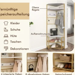Eck Garderobenständer mit Schuhbank & 12 Metallhaken Freistehender Kleiderständer