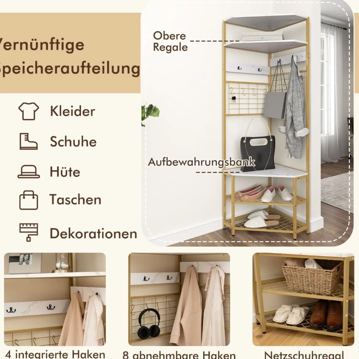Eck Garderobenständer mit Schuhbank & 12 Metallhaken Freistehender Kleiderständer