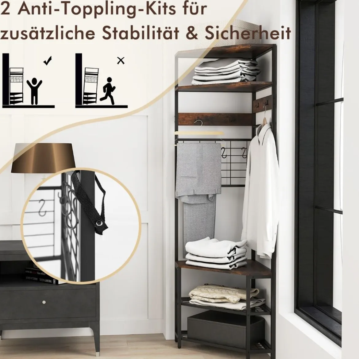 Eck Garderobenständer mit Schuhbank & 12 Metallhaken Freistehender Kleiderständer