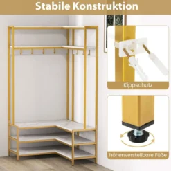 Eck-Garderobenständer mit Sitzbank L-förmiger Kleiderständer mit offenen Ablagen 90 x 90 x 178 cm Rustikales Braun/Walnuss/Weiß