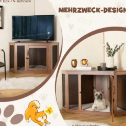 Eck-Haustierkiste Hundezwinger-Endtisch mit Gittertür & Kissen 114 x 59 x 67 cm Braun