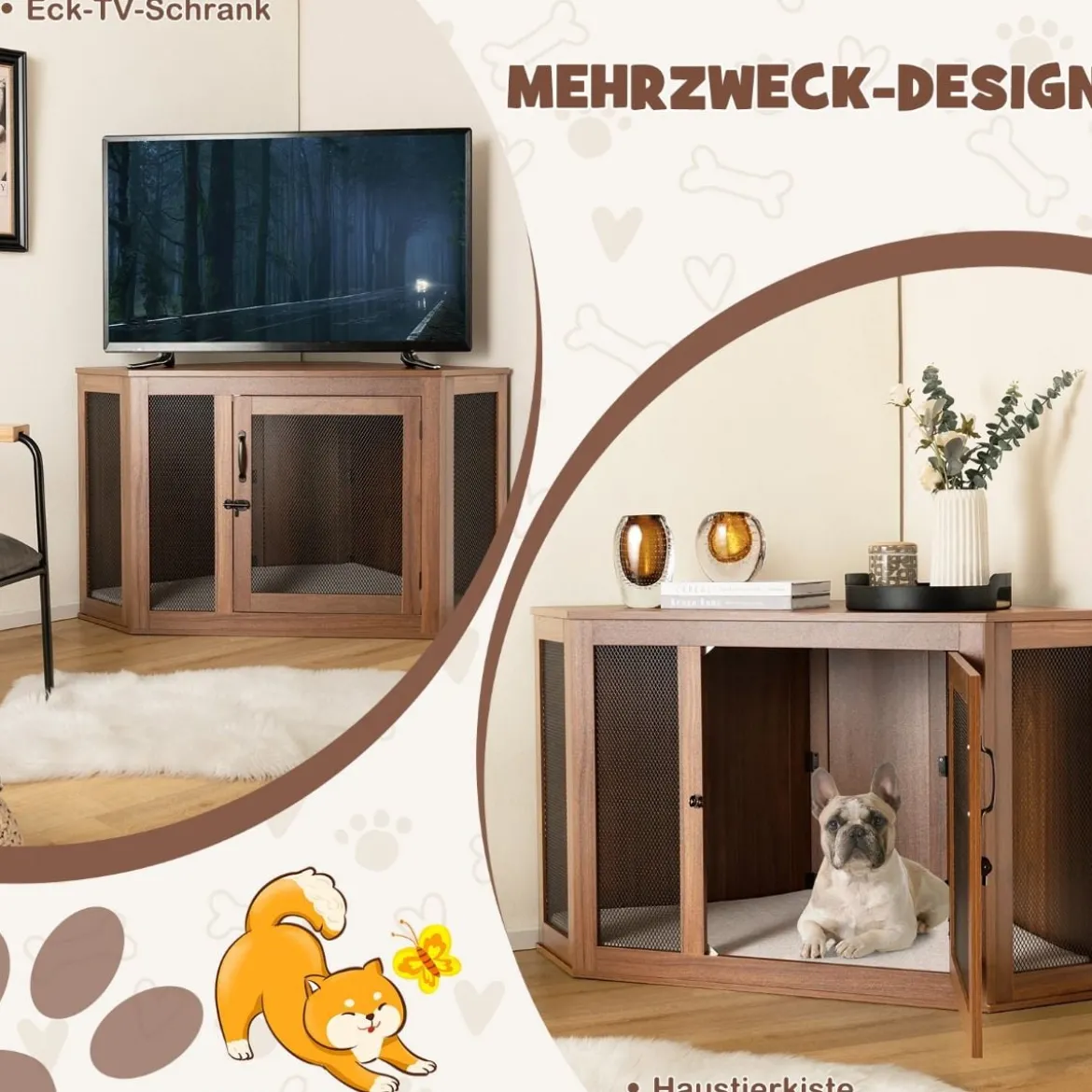 Eck-Haustierkiste Hundezwinger-Endtisch mit Gittertür & Kissen 114 x 59 x 67 cm Braun