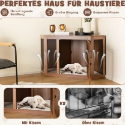 Eck-Haustierkiste Hundezwinger-Endtisch mit Gittertür & Kissen 114 x 59 x 67 cm Braun