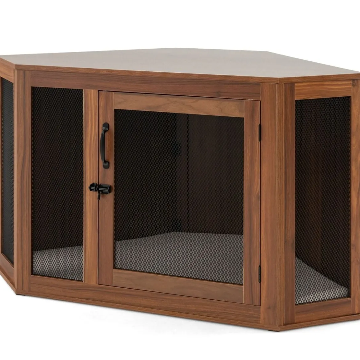 Eck-Haustierkiste Hundezwinger-Endtisch mit Gittertür & Kissen 114 x 59 x 67 cm Braun
