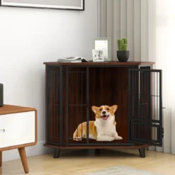 Eck-Hundebox mit Futtertür & Abschließbare Tür Platzsparender Hundekäfig Haustier-Box