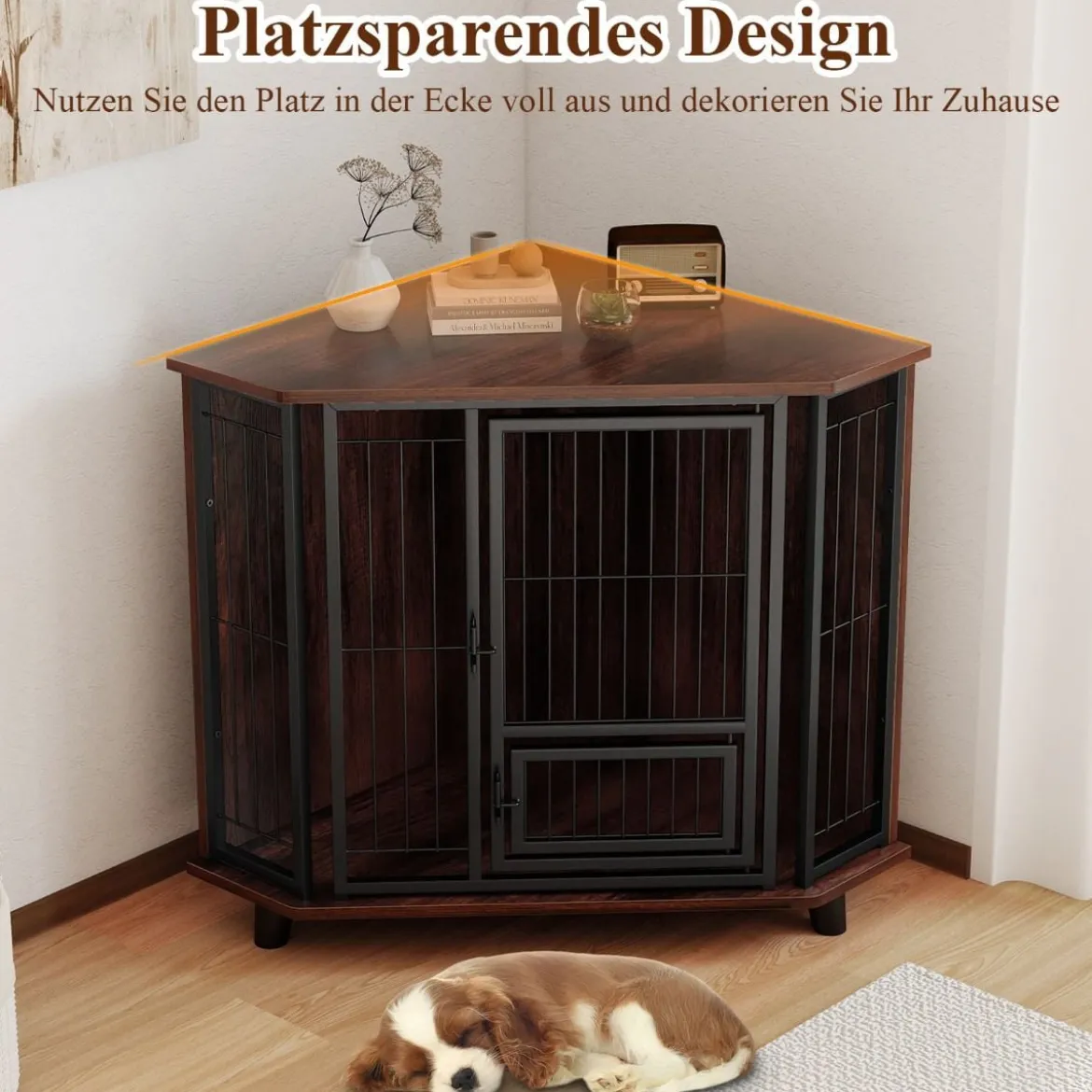 Eck-Hundebox mit Futtertür & Abschließbare Tür Platzsparender Hundekäfig Haustier-Box