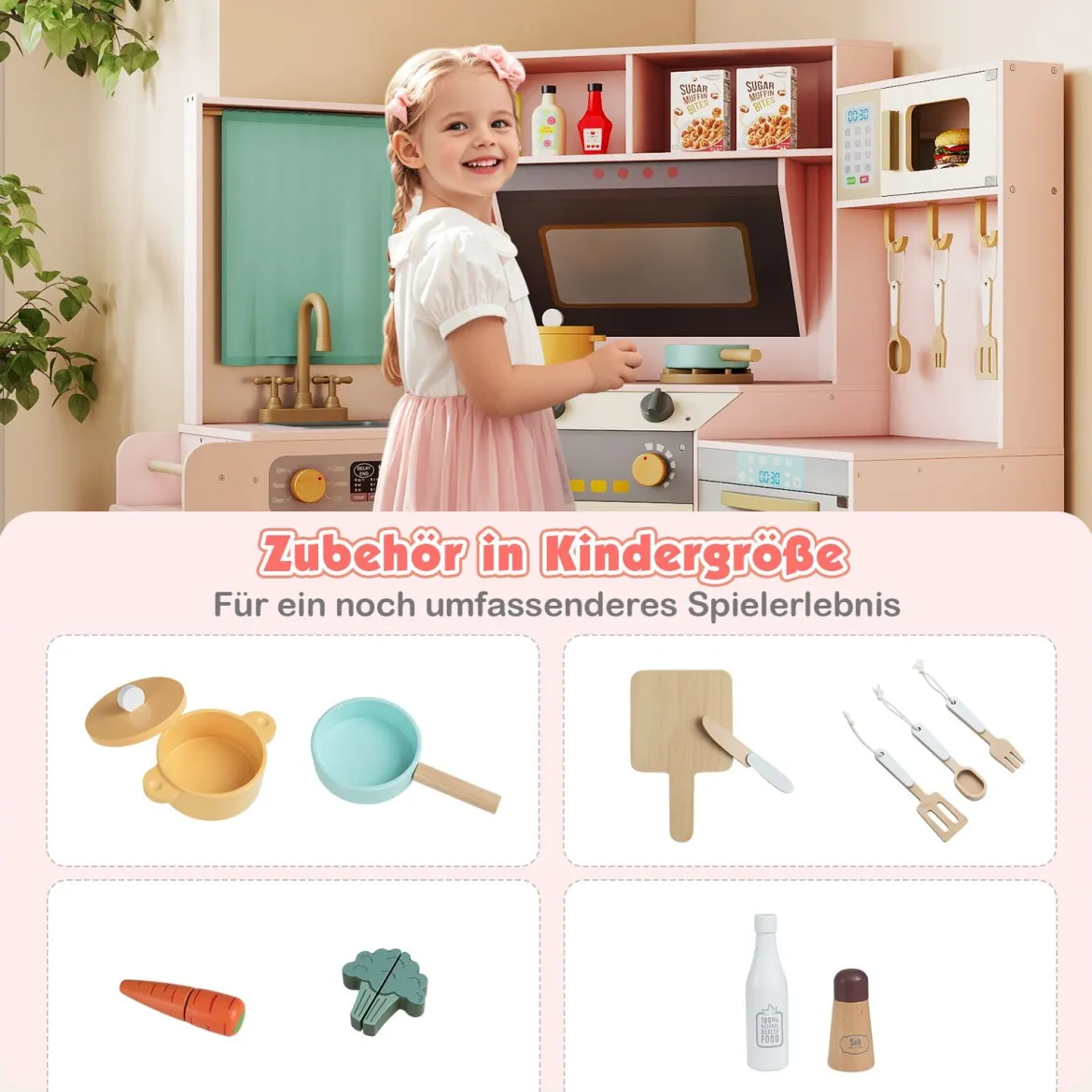 Eckküche mit Lichtern & Geräuschen Holzküche mit herausziehbarem Mülleimer Vorhang Spüle Herd Mikrowelle Rosa
