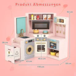 Eckküche mit Lichtern & Geräuschen Holzküche mit herausziehbarem Mülleimer Vorhang Spüle Herd Mikrowelle Rosa