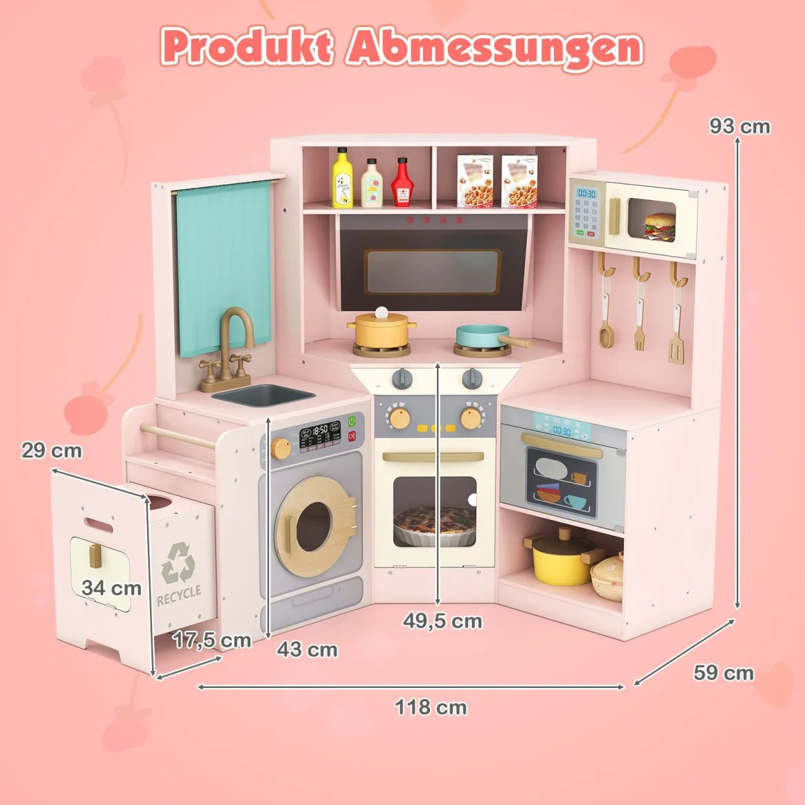 Eckküche mit Lichtern & Geräuschen Holzküche mit herausziehbarem Mülleimer Vorhang Spüle Herd Mikrowelle Rosa