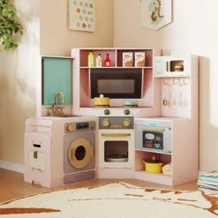 Eckküche mit Lichtern & Geräuschen Holzküche mit herausziehbarem Mülleimer Vorhang Spüle Herd Mikrowelle Rosa