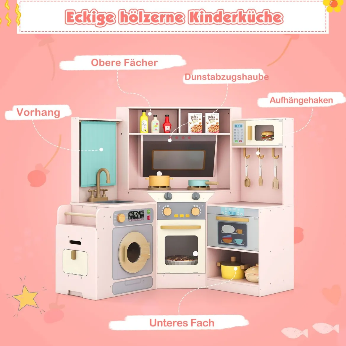 Eckküche mit Lichtern & Geräuschen Holzküche mit herausziehbarem Mülleimer Vorhang Spüle Herd Mikrowelle Rosa