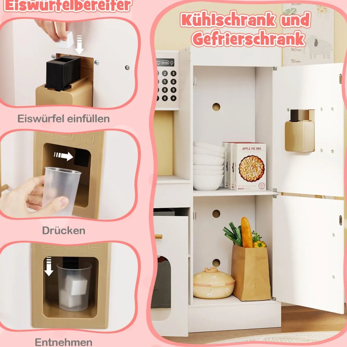 Eckküche mit Licht und Sound Holzspielset mit ausziehbarer Arbeitsplatte Spüle Herd Ofen Kühlschrank Weiß