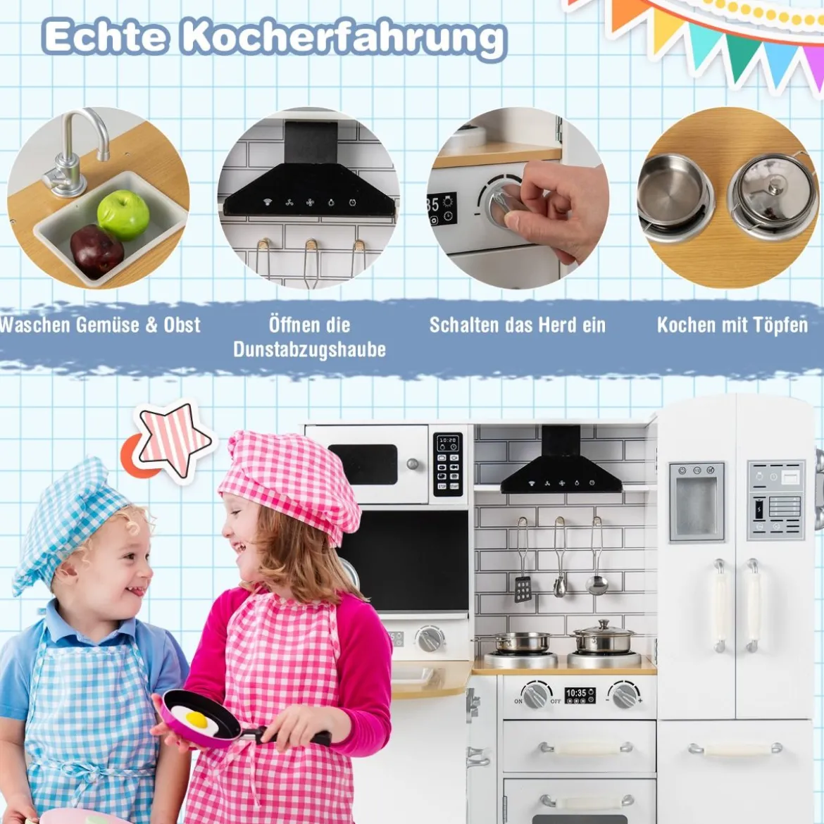 Eckküchen-Spielset für Kinder Spielküche aus Holz mit Herd 82 x 66 x 88 cm Weiß
