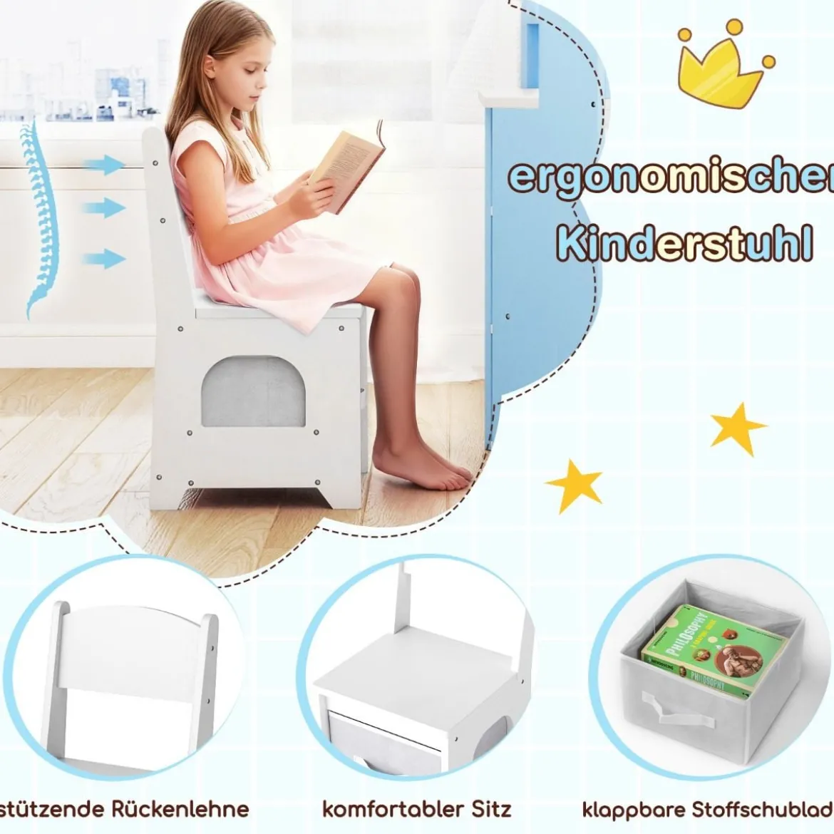 Eck-Kinderschminktisch mit Spiegel & Beleuchtung Prinzessinnen-Schminktisch mit Stuhl-Set Kosmetiktisch Blau