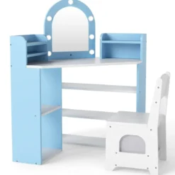 Eck-Kinderschminktisch mit Spiegel & Beleuchtung Prinzessinnen-Schminktisch mit Stuhl-Set Kosmetiktisch Blau