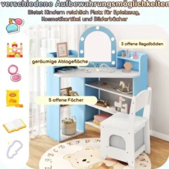 Eck-Kinderschminktisch mit Spiegel & Beleuchtung Prinzessinnen-Schminktisch mit Stuhl-Set Kosmetiktisch Blau
