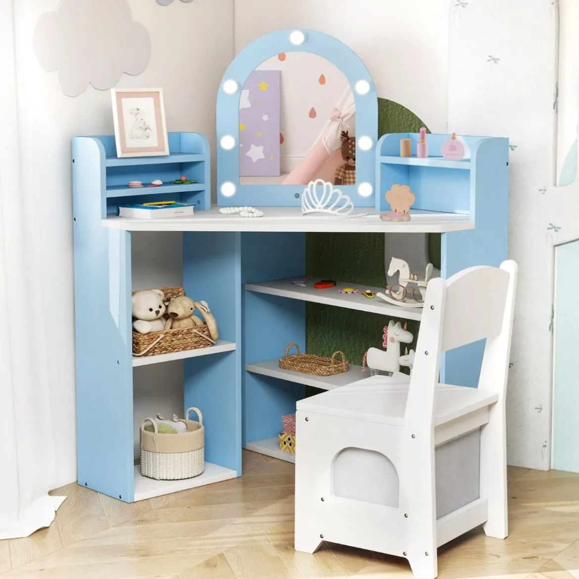 Eck-Kinderschminktisch mit Spiegel & Beleuchtung Prinzessinnen-Schminktisch mit Stuhl-Set Kosmetiktisch Blau